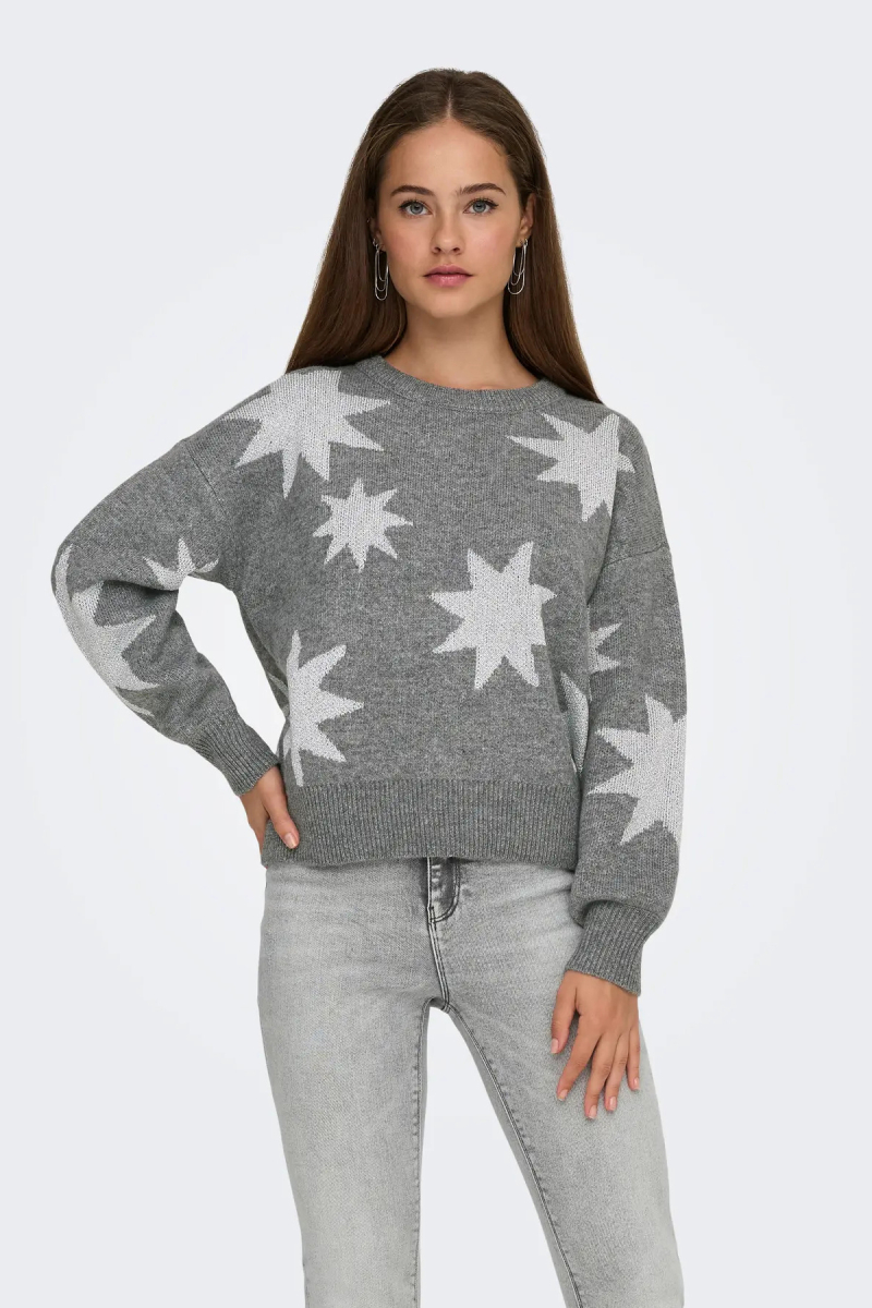 Only Kadın Onlrosıe Yıldız Desenli Bisiklet Yaka Örme Kazak 15328250 Gri Gri