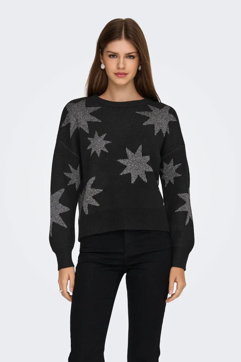 Only Kadın Onlrosıe Yıldız Desenli Bisiklet Yaka Örme Kazak 15328250 Siyah Siyah