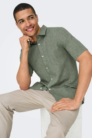 Only & Sons Erkek Onscaıden Slim Fit Kısa Kollu Keten Gömlek 22009885 Haki Haki