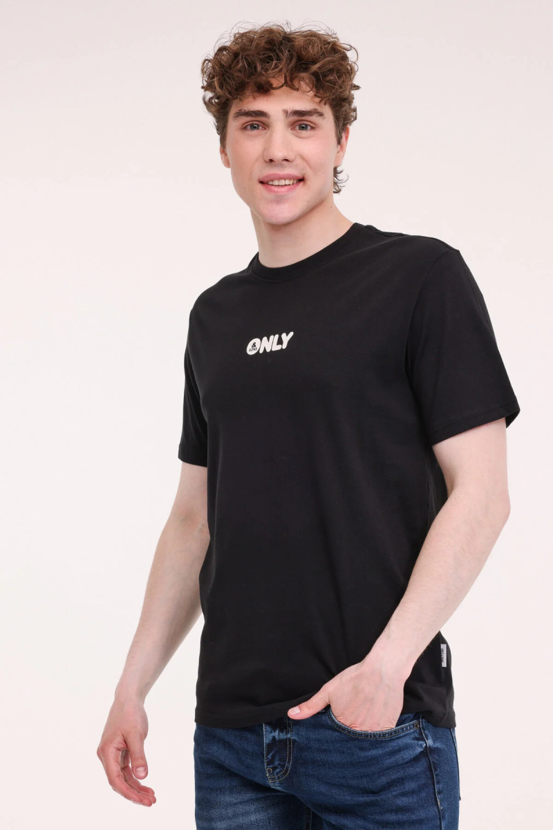 Only & Sons Erkek Onspalm Rahat Kalıp Kısa Kollu %100 Pamuk T-Shirt 22034497 Siyah Siyah