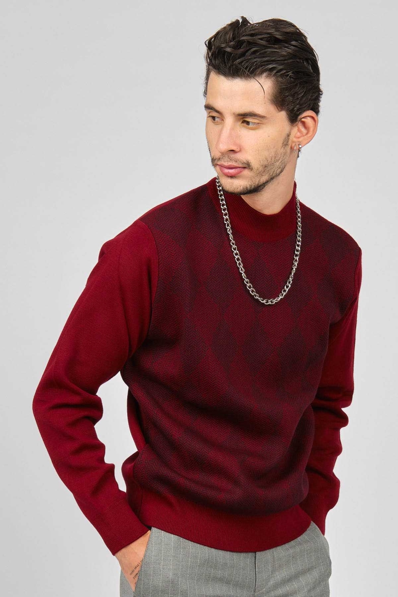 Pave Erkek Baklava Desenli Yünlü Kazak 4539200 Bordo Bordo