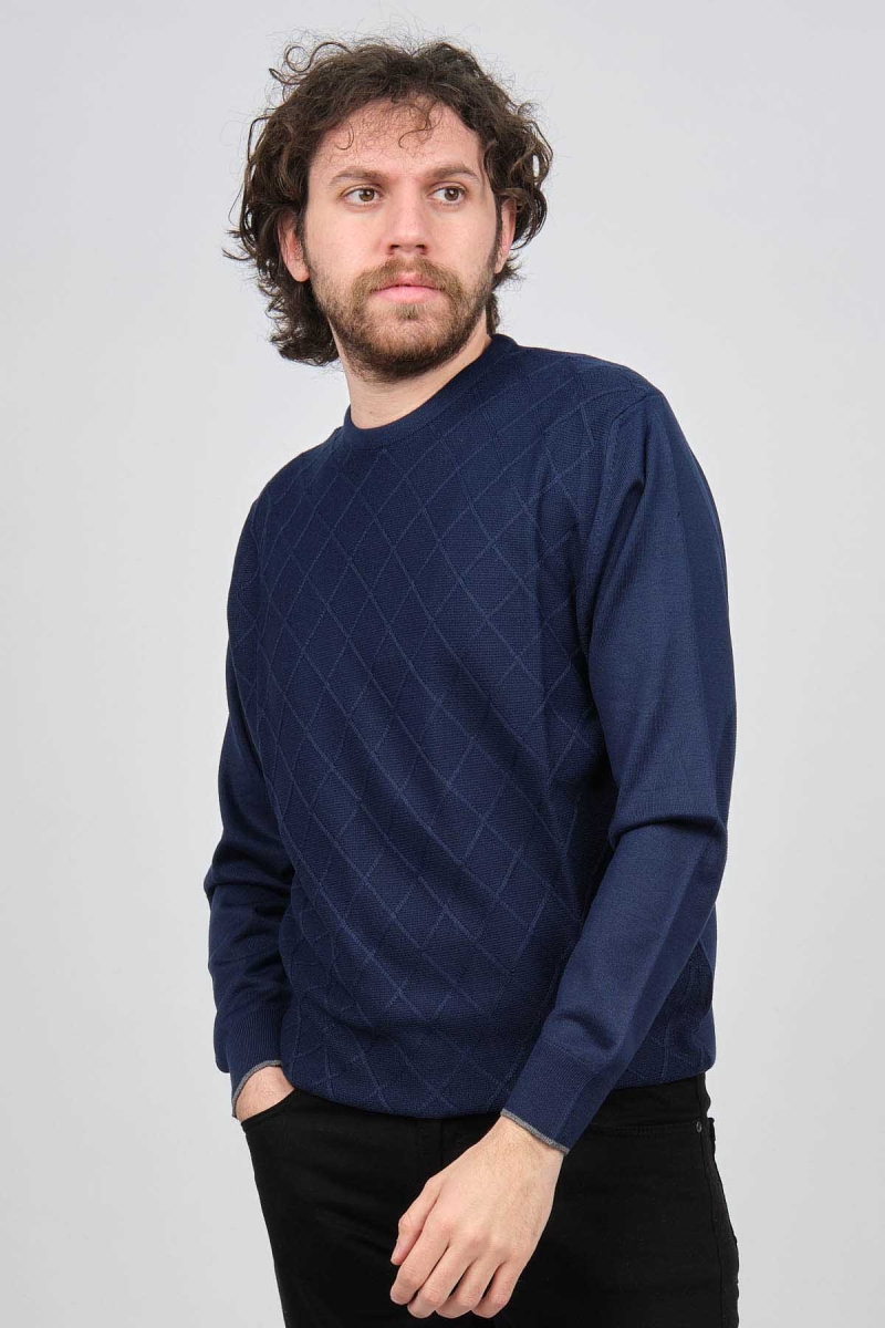 Pave Erkek Bisiklet Yaka Baklava Desenli Yün Kazak 4537073 Açık Lacivert Açık Lacivert