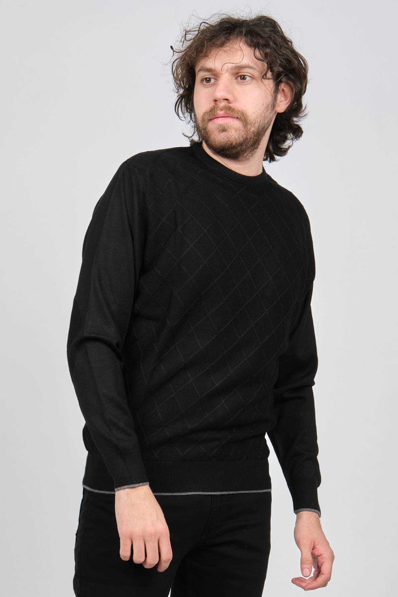 Pave Erkek Bisiklet Yaka Baklava Desenli Yün Kazak 4537073 Siyah Siyah