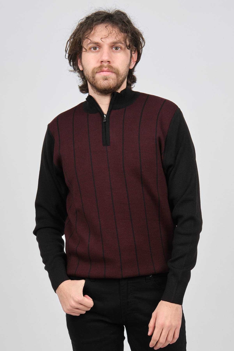 Pave Erkek Çizgi Desenli Fermuarlı Yün Kazak 4539190 Bordo Bordo