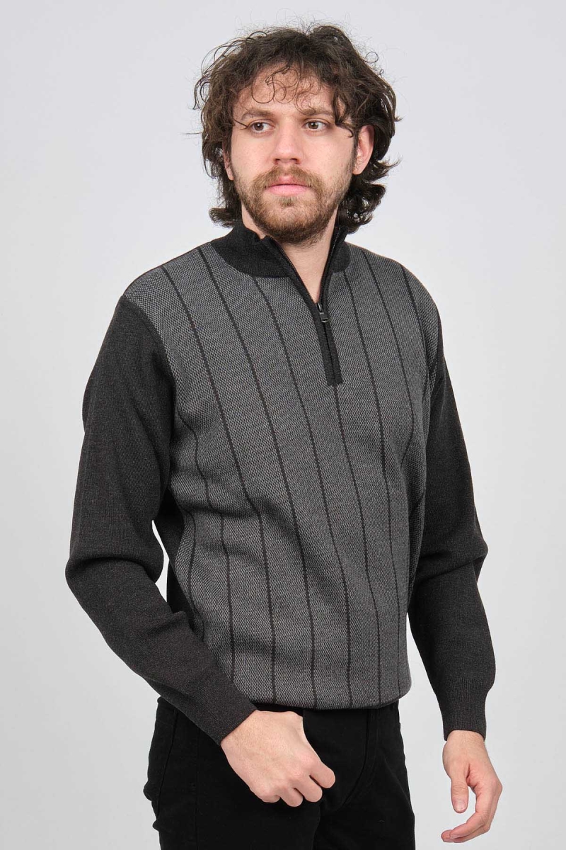 Pave Erkek Çizgi Desenli Fermuarlı Yün Kazak 4539190 Füme Füme