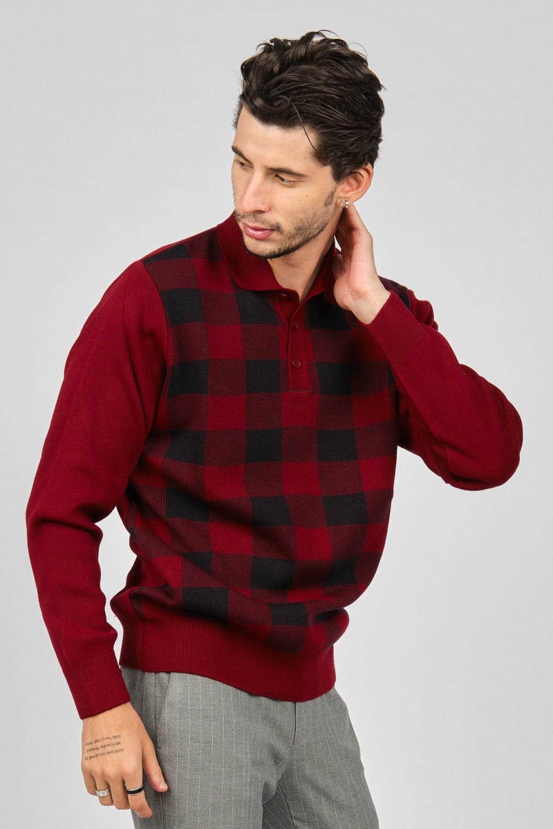 Pave Erkek Kare Desenli Yünlü Kazak 4539134 Bordo Bordo