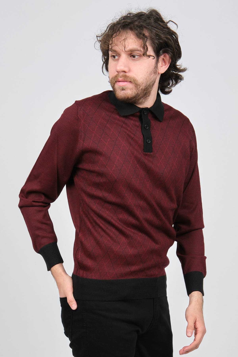 Pave Erkek Polo Yaka Desenli Yün Kazak 4537094 Bordo Bordo