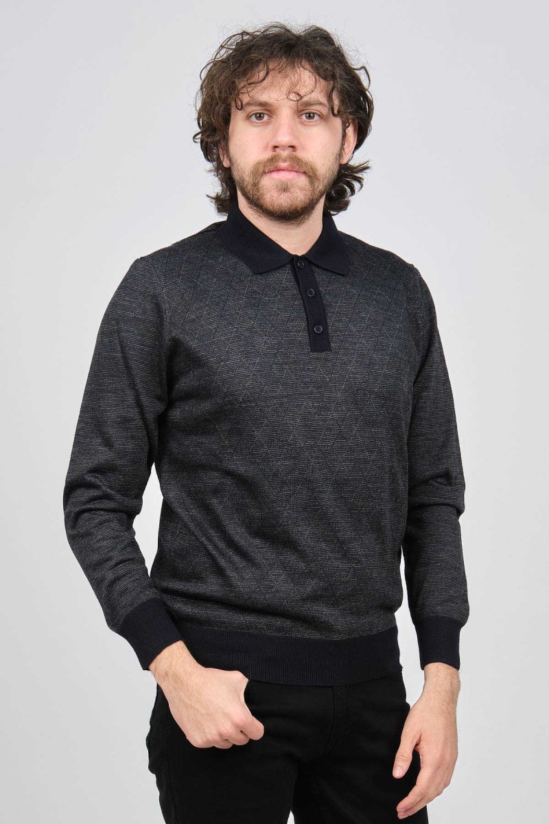 Pave Erkek Polo Yaka Desenli Yün Kazak 4537094 Lacivert Lacivert