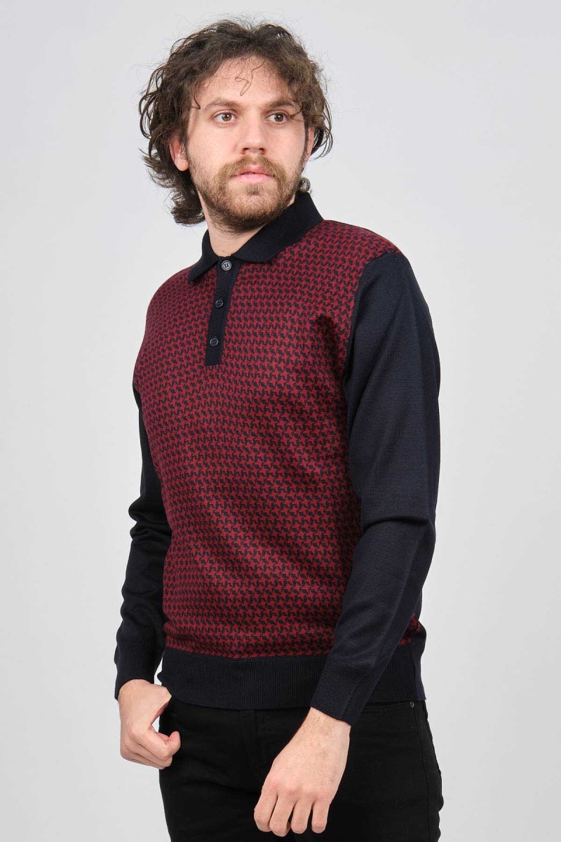 Pave Erkek Polo Yaka Desenli Yün Kazak 4537124 Bordo Bordo