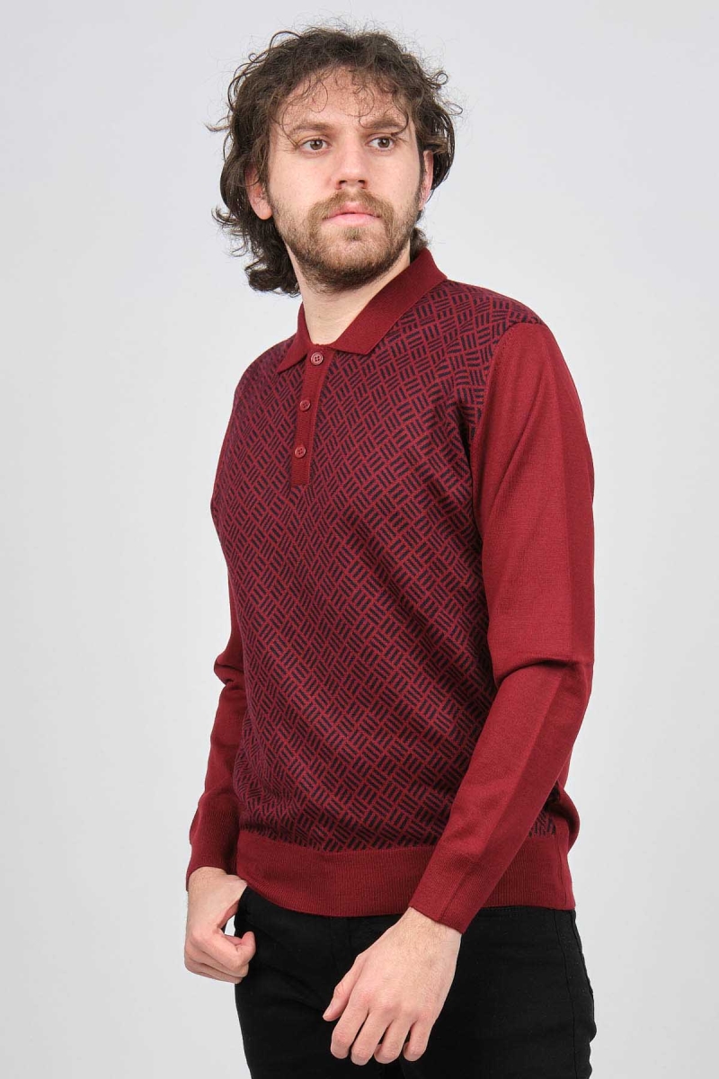 Pave Erkek Polo Yaka Desenli Yün Kazak 4537134 Bordo Bordo