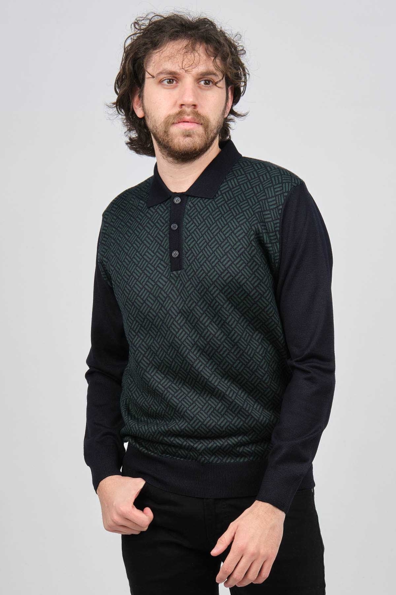 Pave Erkek Polo Yaka Desenli Yün Kazak 4537134 Lacivert Lacivert