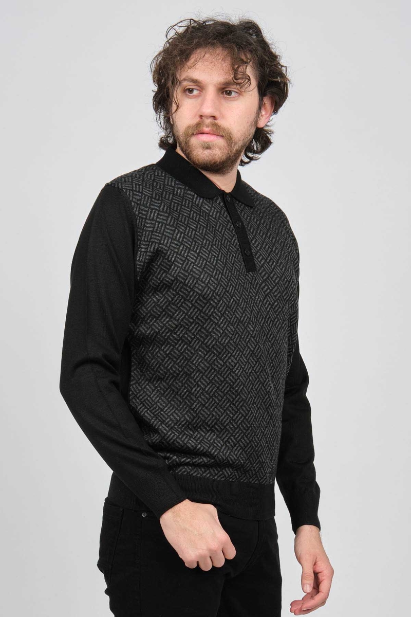 Pave Erkek Polo Yaka Desenli Yün Kazak 4537134 Siyah Siyah