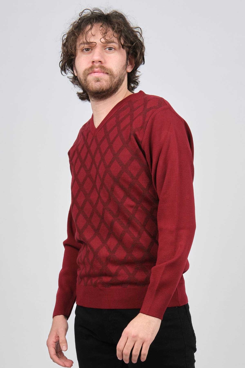 Pave Erkek V Yaka Desenli Yün Kazak 4539072 Bordo Bordo