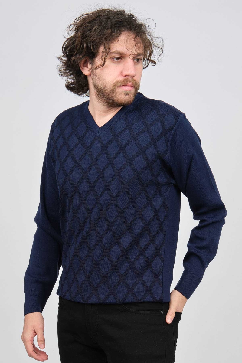 Pave Erkek V Yaka Desenli Yün Kazak 4539072 Lacivert Lacivert