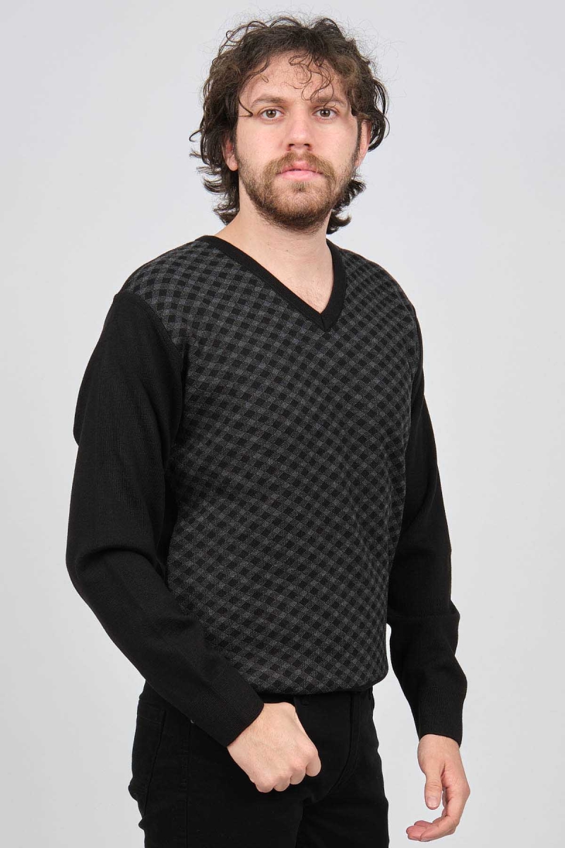 Pave Erkek V Yaka Desenli Yün Kazak 4539082 Siyah Siyah