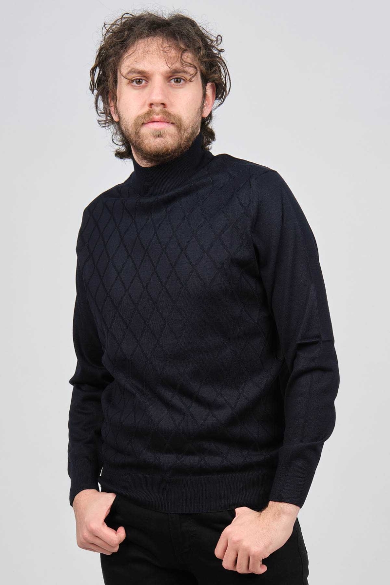 Pave Erkek Yarım Balıkçı Baklava Desenli Yün Kazak 4537220 Lacivert Lacivert