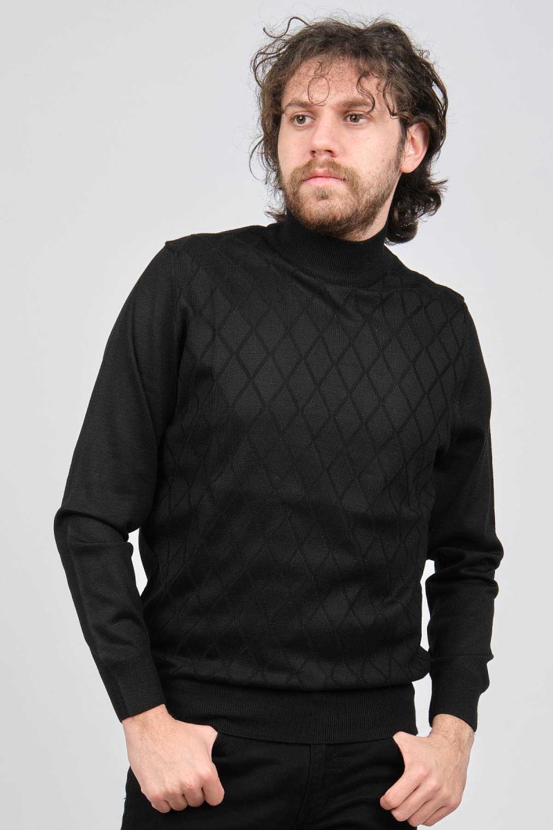 Pave Erkek Yarım Balıkçı Baklava Desenli Yün Kazak 4537220 Siyah Siyah