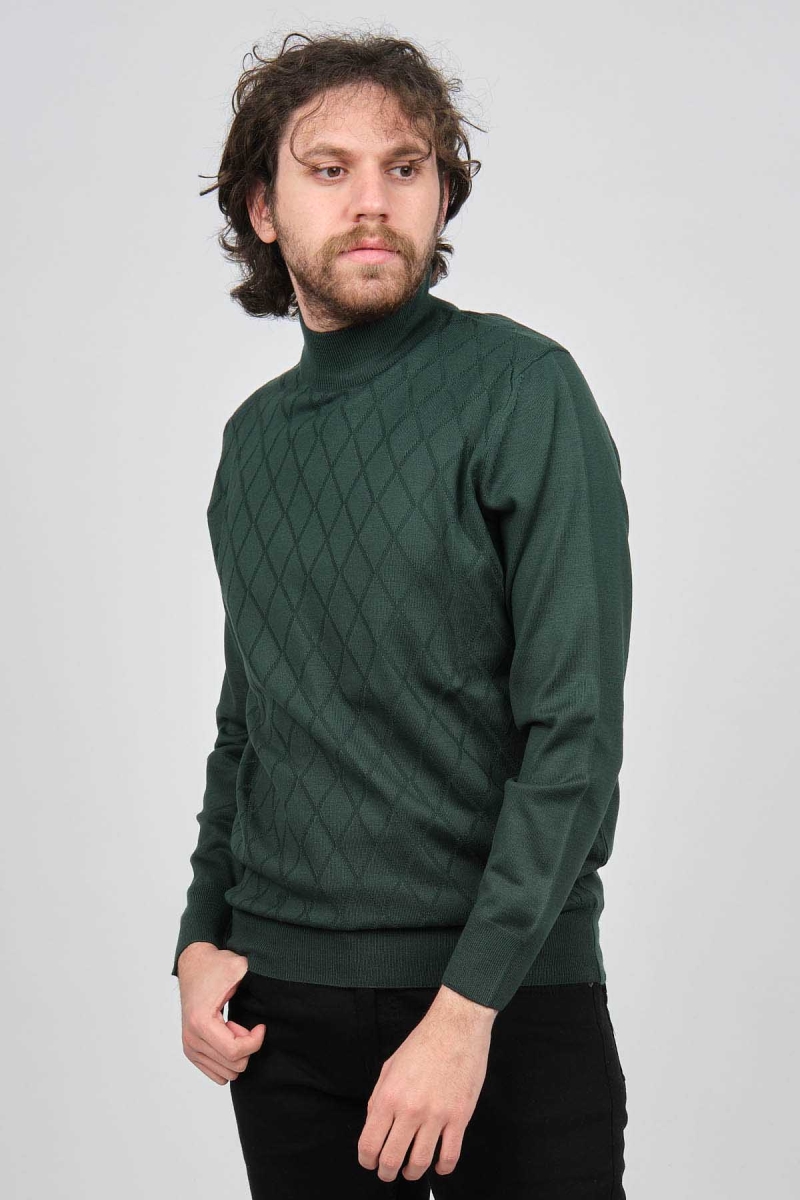 Pave Erkek Yarım Balıkçı Baklava Desenli Yün Kazak 4537220 Yeşil Yeşil