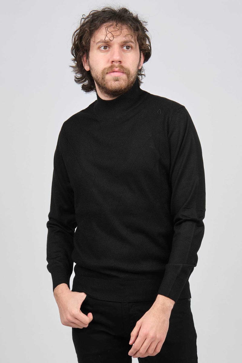 Pave Erkek Yarım Balıkçı Desenli Kazak 4537200 Siyah Siyah