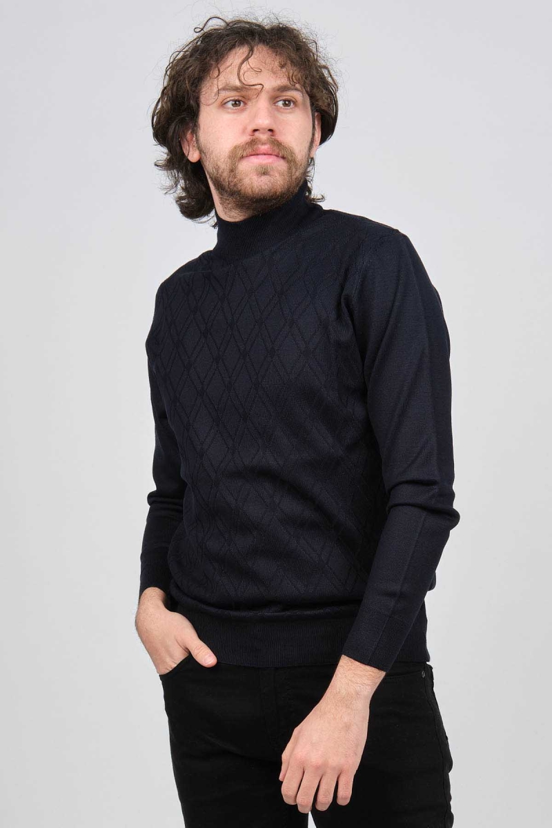 Pave Erkek Yarım Balıkçı Desenli Yün Kazak 4537210 Lacivert Lacivert