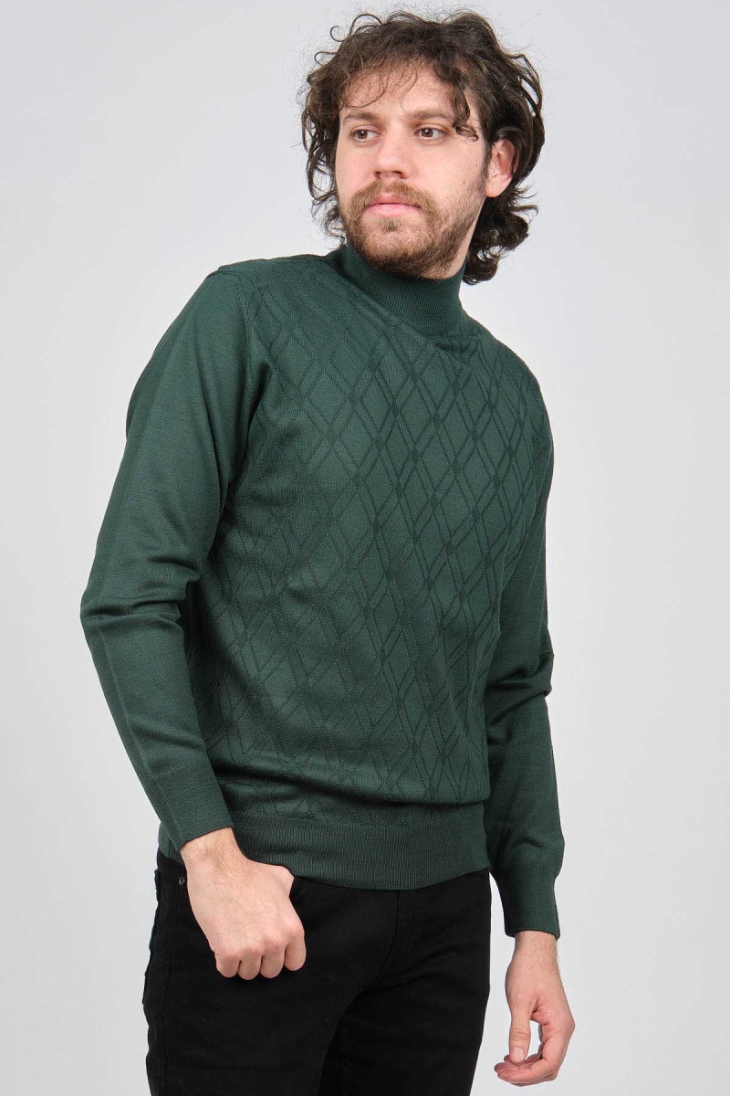 Pave Erkek Yarım Balıkçı Desenli Yün Kazak 4537210 Yeşil Yeşil