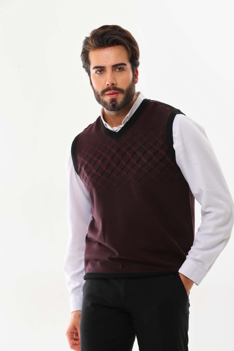 Pelikan Erkek Çizgili V Yaka Süveter 9606 Bordo Bordo
