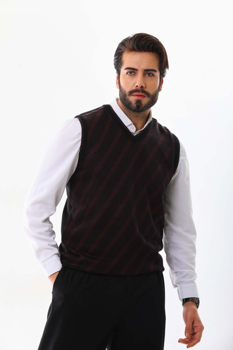 Pelikan Erkek Çizgili V Yaka Süveter 9625 Bordo Bordo