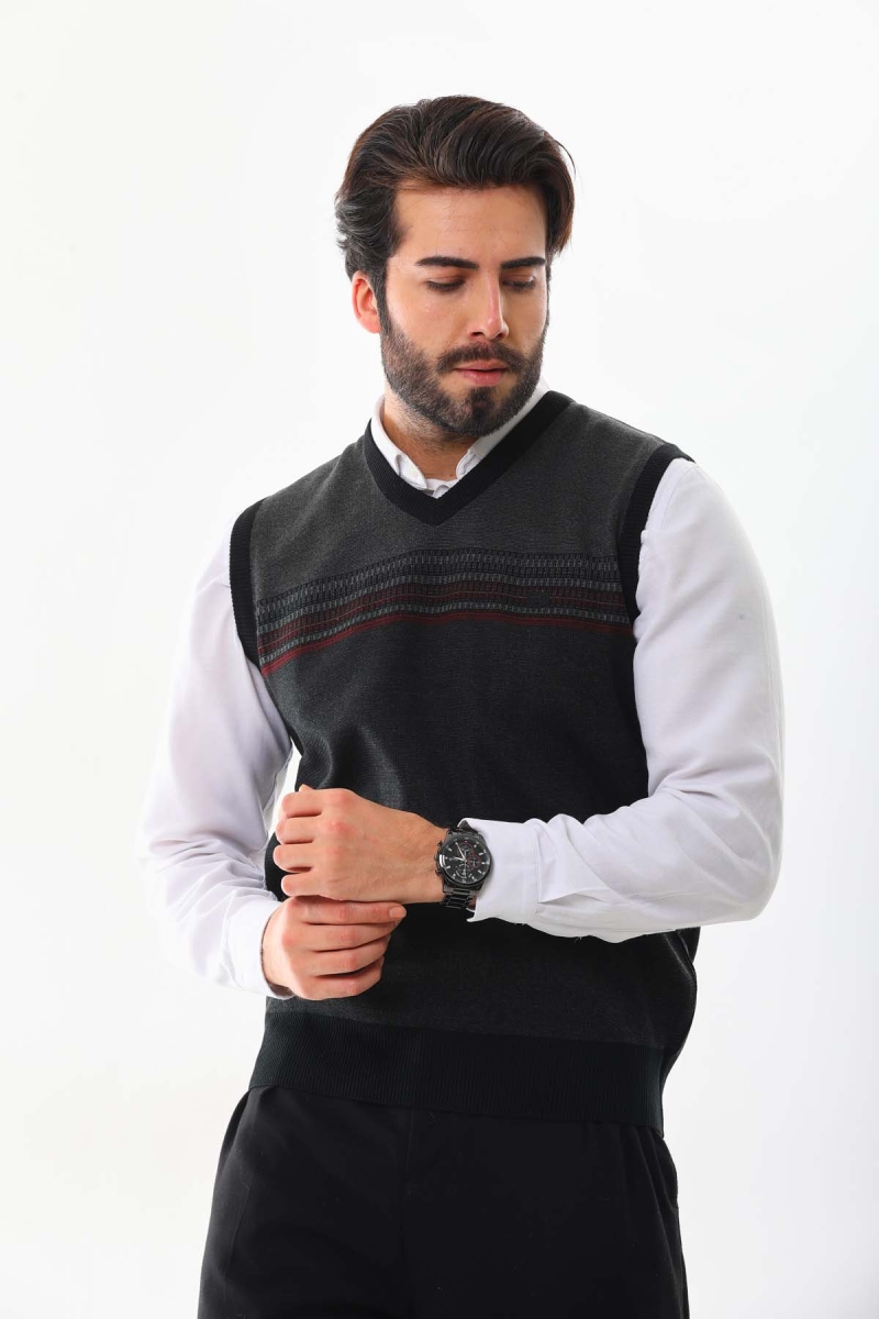 Pelikan Erkek Desenli V Yaka Süveter 9602 Füme Füme
