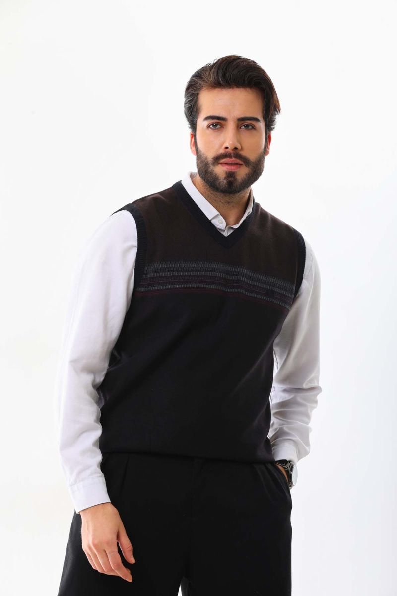 Pelikan Erkek Desenli V Yaka Süveter 9602 Kahverengi Kahverengi
