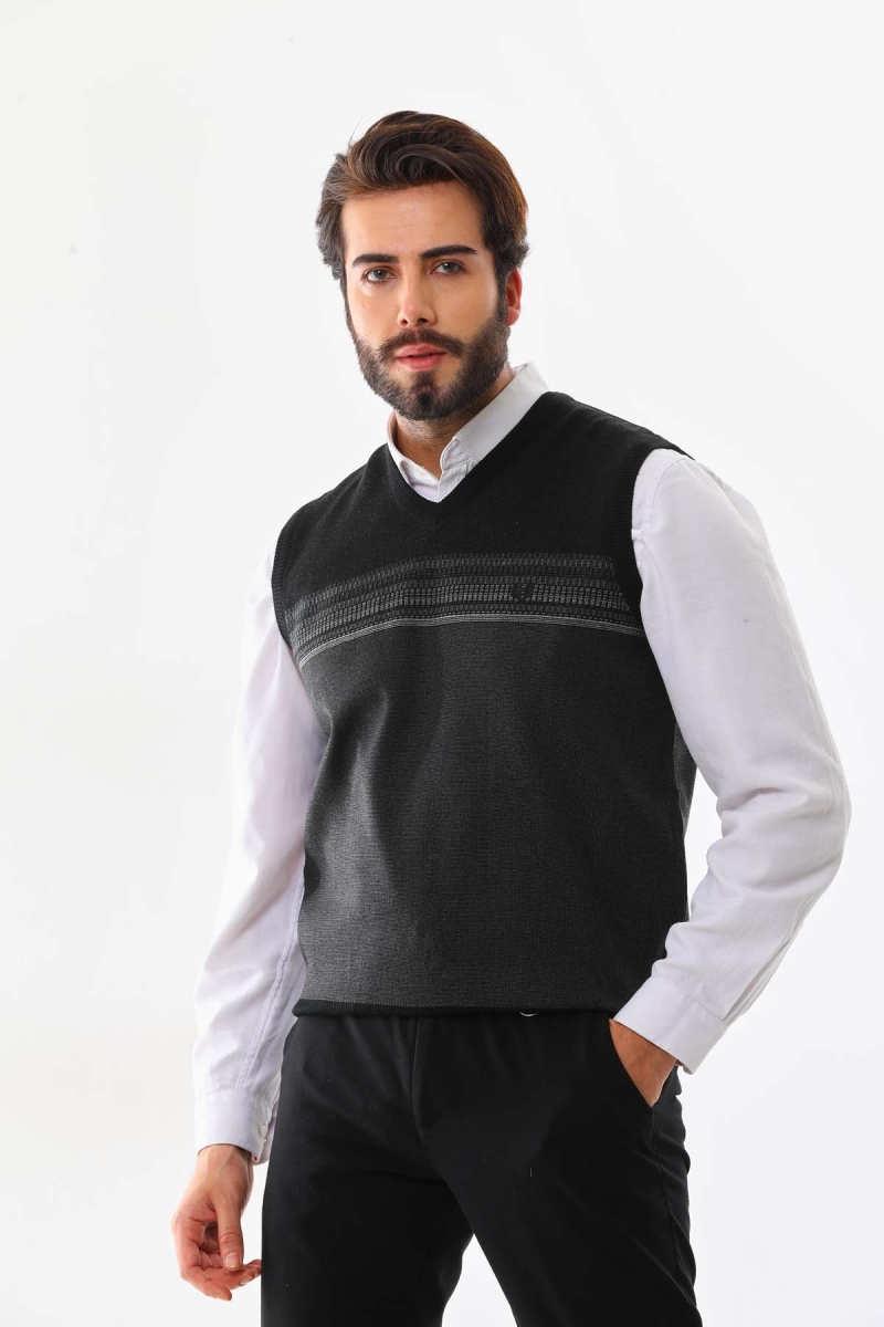 Pelikan Erkek Desenli V Yaka Süveter 9602 Siyah Siyah