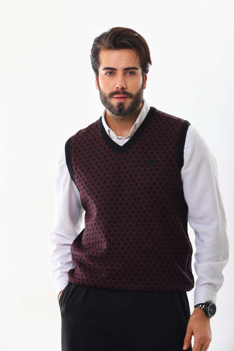 Pelikan Erkek V Yaka Desenli Süveter 7627 Bordo Bordo