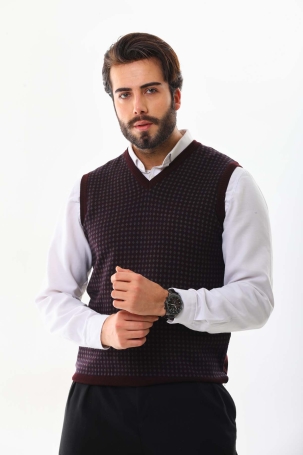 Pelikan Erkek V Yaka Desenli Yün Süveter 4P17 Bordo Bordo