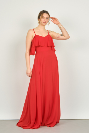 Pierre Cardin Kadın Askılı Şifon Uzun Abiye Elbise 6424 Kırmızı Kırmızı