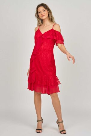 Pierre Cardin Kadın İp Askılı Fırfır Detaylı Abiye Elbise 5816858 Kırmızı Kırmızı