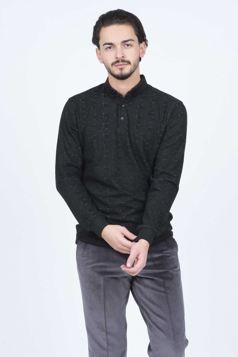 Raymons Erkek Desenli Polo Yaka Triko Sweat 6782251 Siyah Siyah