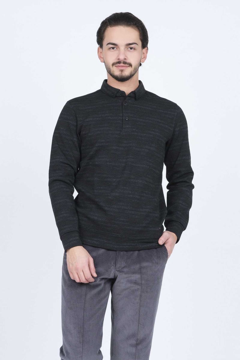 Raymons Erkek Desenli Polo Yaka Triko Sweat 6782273 Siyah Siyah