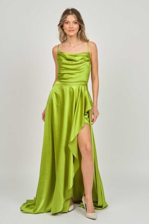Renk Kadın İp Askılı Derin Yırtmaçlı Abiye Elbise 5045014 Yeşil Yeşil