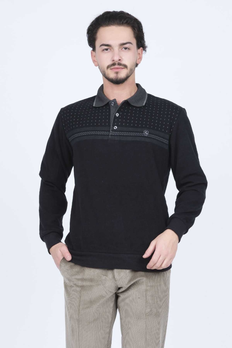 Rey Polo Erkek Desenli Polo Yaka Triko Sweat 6741251 Siyah Siyah