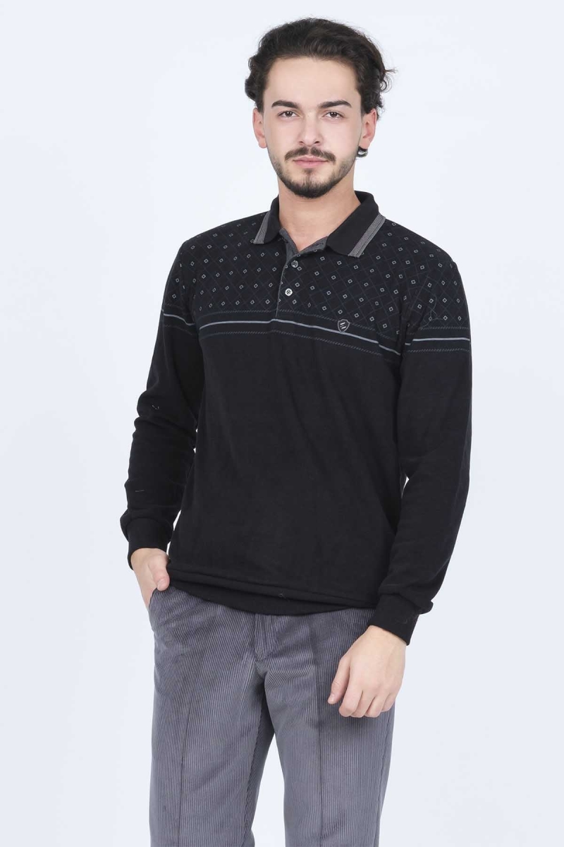 Rey Polo Erkek Desenli Polo Yaka Triko Sweat 6741254 Siyah Siyah