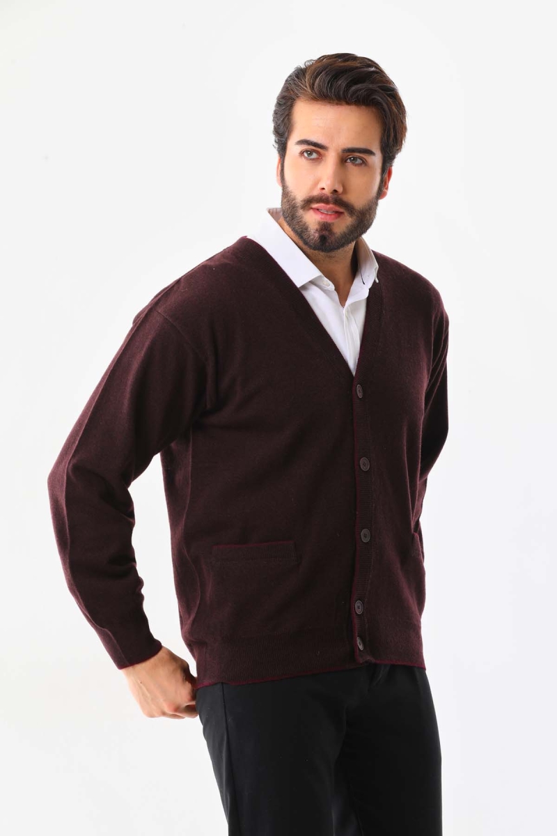Sanfa Erkek V Yaka Saf Yün Hırka 2634 Bordo Bordo