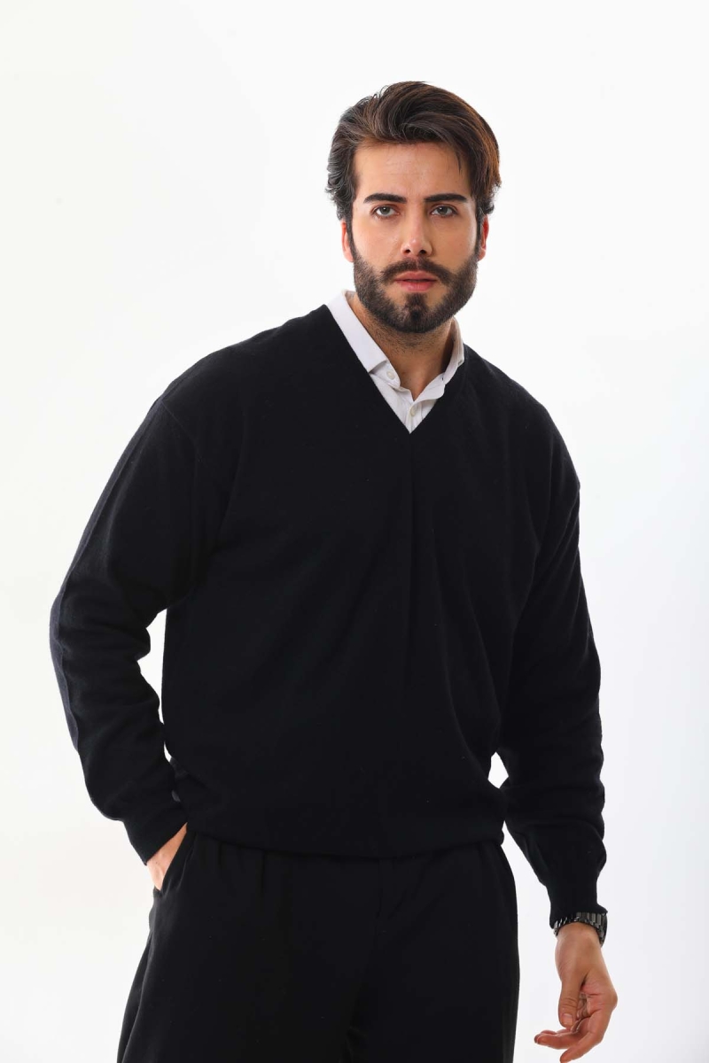 Sanfa Erkek V Yaka Saf Yün Kazak 4103 Siyah Siyah