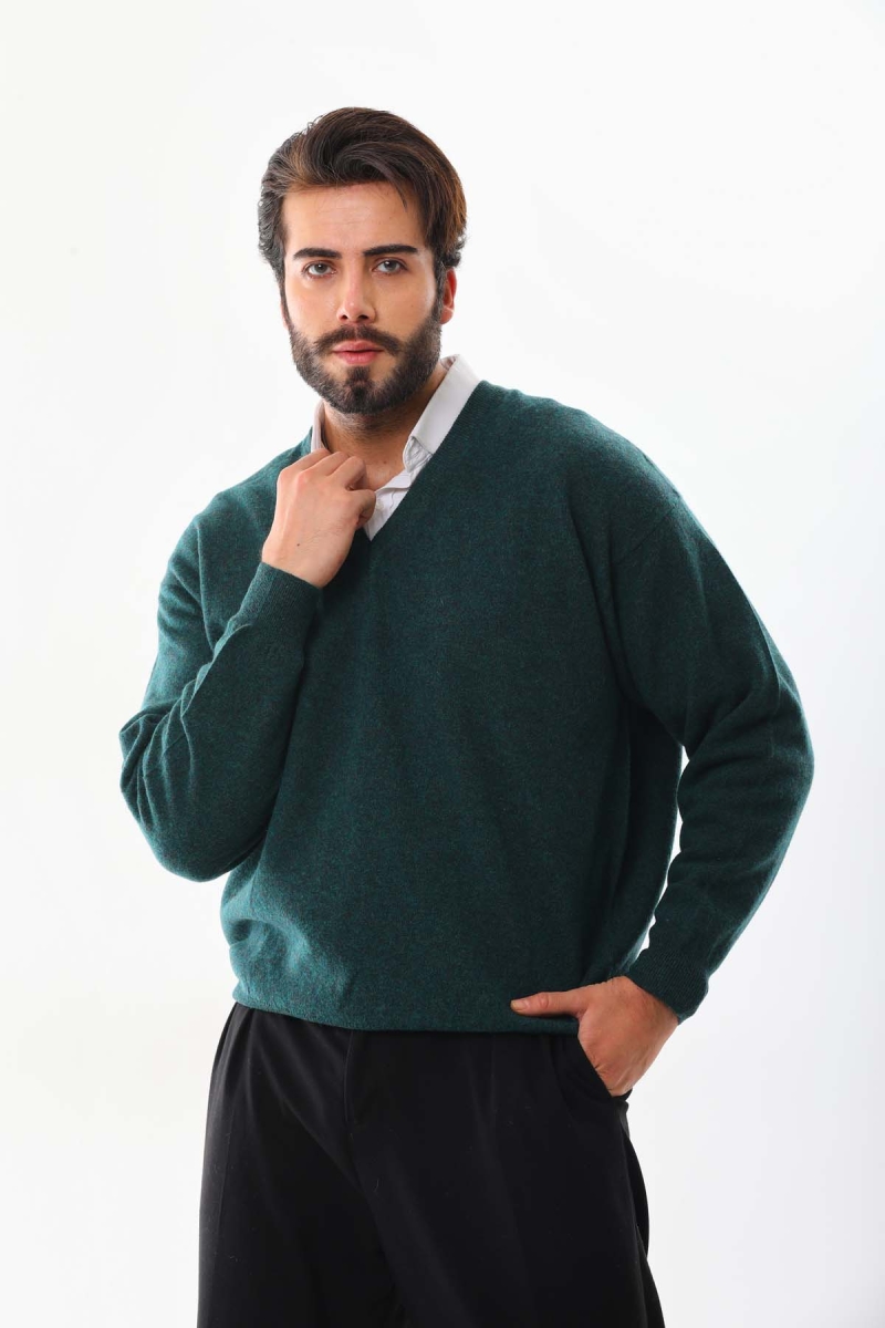 Sanfa Erkek V Yaka Saf Yün Kazak 4103 Yeşil Yeşil