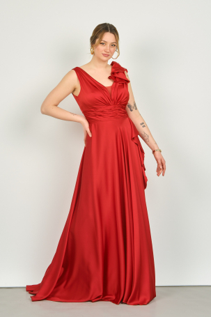 Saygın Kadın Fırfır Detaylı Geniş Askılı Uzun Abiye Elbise 1414 Kırmızı Kırmızı