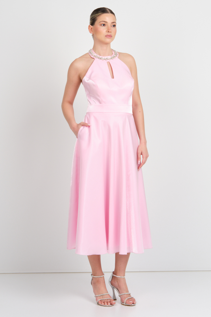 Saygın Kadın Halter Yaka Saten Midi Abiye Elbise 5624 Pembe Pembe