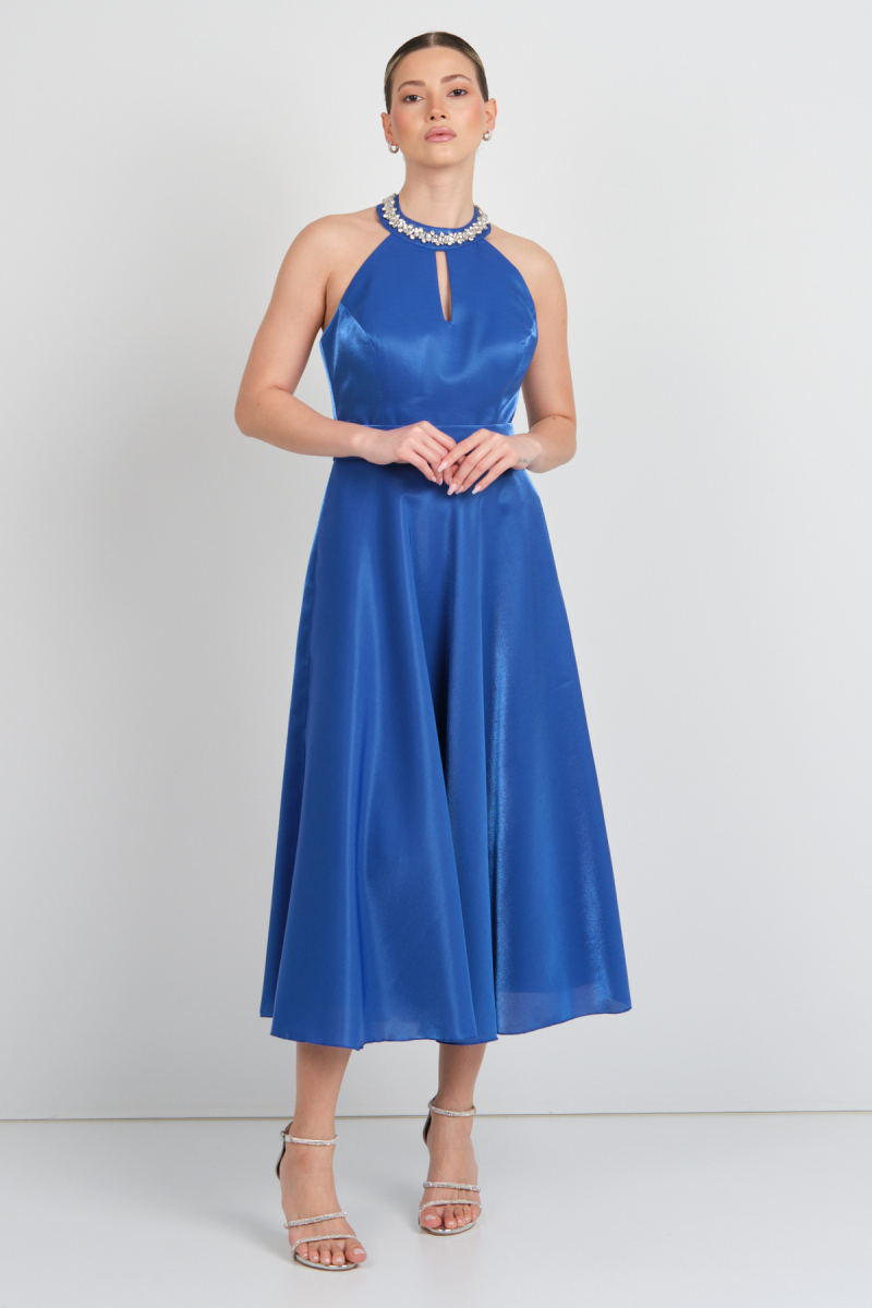 Saygın Kadın Halter Yaka Saten Midi Abiye Elbise 5624 Saks Saks