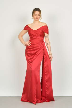 Saygın Kadın Prenses Yaka Yandan Kuyruklu Derin Yırtmaçlı Abiye Elbise 3480 Kırmızı Kırmızı
