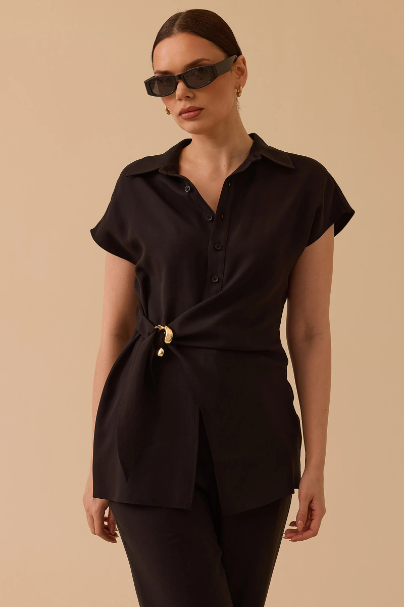 Seçil Kadın Bağlama Detaylı Tokalı Gömlek 0014 Siyah Siyah