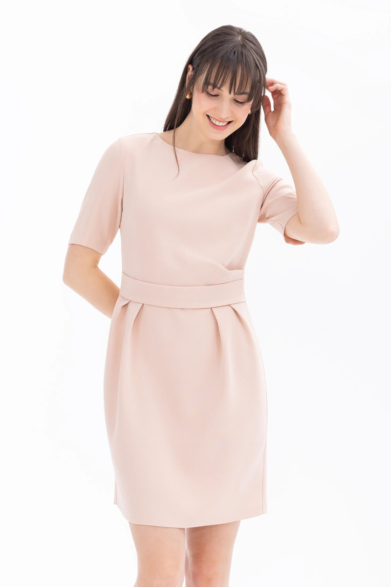 Seçil Kadın Bel Detaylı Kısa Kol Krep Kumaş Elbise 1041 Pudra Pudra
