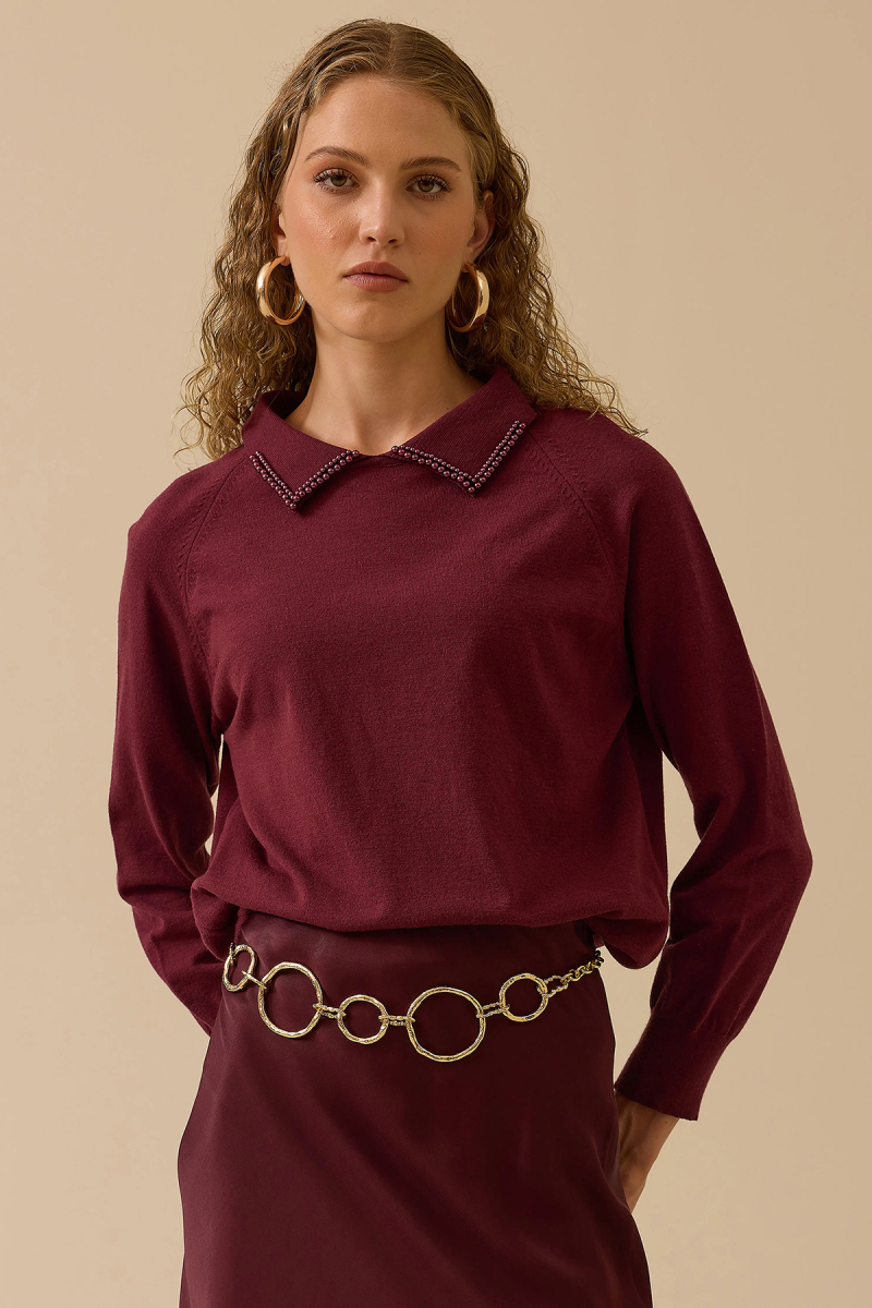 Seçil Kadın Boncuk Detaylı Bel Boy Triko Bluz 0008 Bordo Bordo