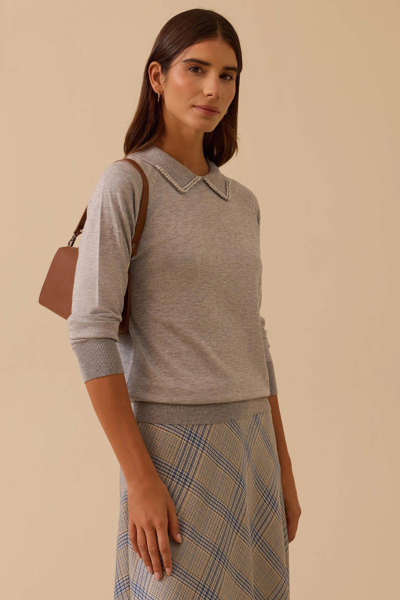 Seçil Kadın Boncuk Detaylı Bel Boy Triko Bluz 0008 Gri Gri